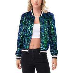 Anna Kaci Wholesale - Game Day Sequin Bomber Jacket with Ribbed Trim and Front Zip: Red / Large 12-14