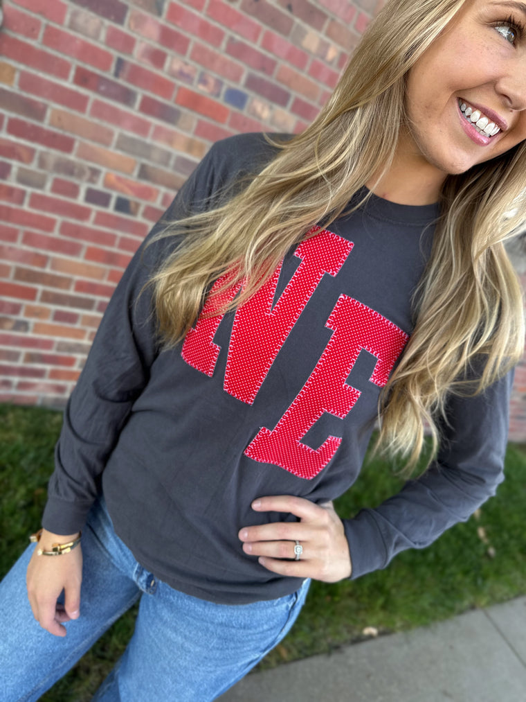 RED/WHITE POLKA DOT NE - GREY LONG SLEEVE TEE