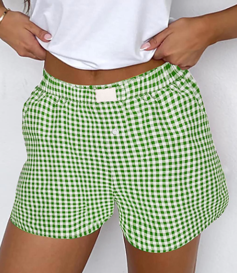 Lovesoft - Red Plaid Gingham Printed High Waist Shorts: Red Stripe / 100%Polyester / M