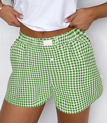 Lovesoft - Red Plaid Gingham Printed High Waist Shorts: Red Stripe / 100%Polyester / L