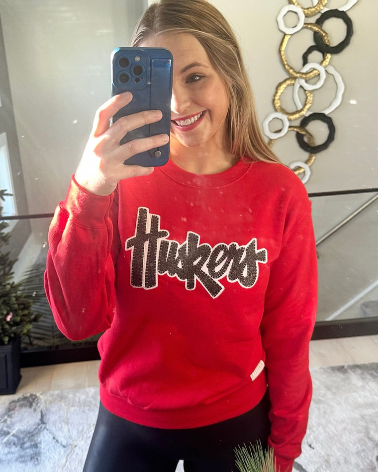 BLACK SPARKLE/ WHITE HUSKERS - RED GILDAN CREWNECK (TODDLER + YOUTH + ADULT)