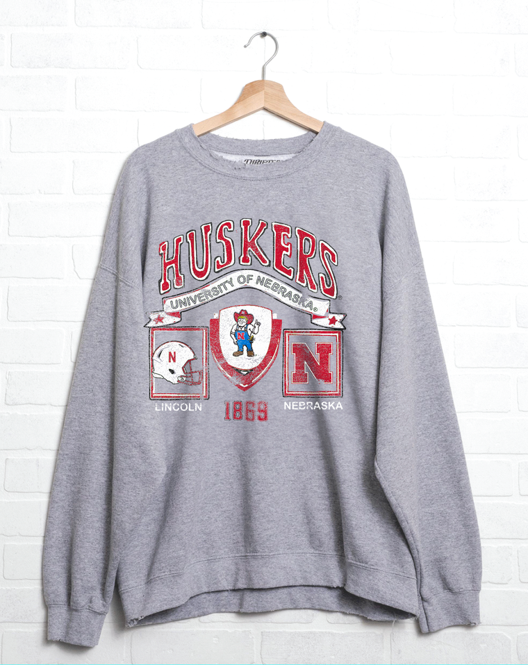 LivyLu - Nebraska Huskers Prep Patch Gray Thrifted Sweatshirt: XL
