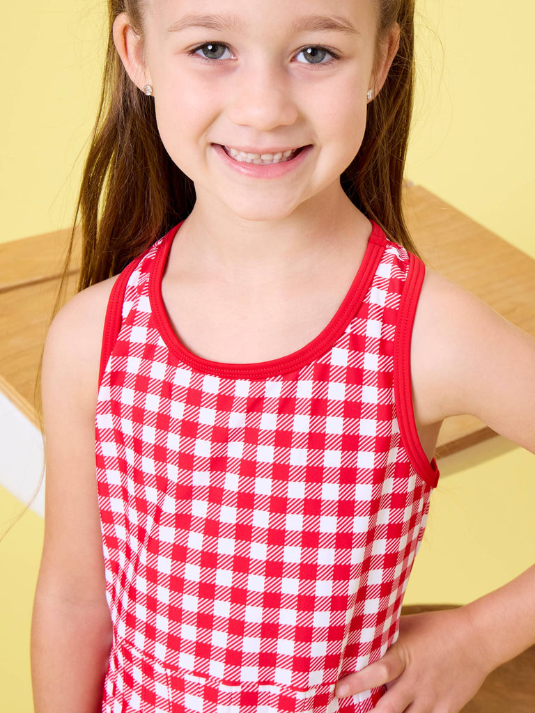 RuffleButts + RuggedButts - Girls Red Gingham Pleated Skirt Active Dress & Bike Short Set: Red / 8