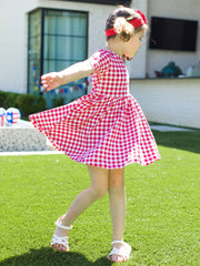 RuffleButts + RuggedButts - Girls Red Gingham Short Sleeve Knit Twirl Dress: Red / 18-24m