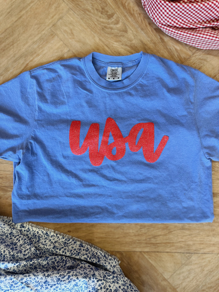 RED SPARKLE USA - FLO BLUE COMFORT COLORS TEE