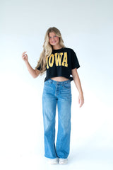 YELLOW + WHITE FLORAL IOWA - BLACK CROP TEE