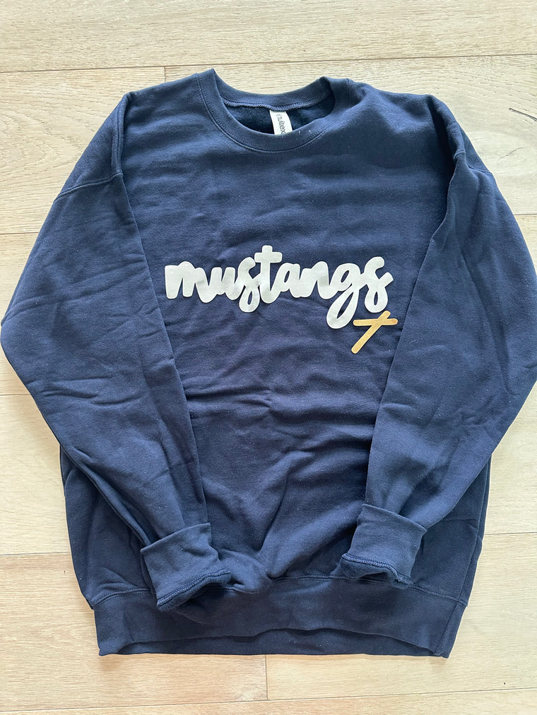 MODERN MUSTANGS - NAVY TULTEX CREW (YOUTH + ADULT) *cross on front*