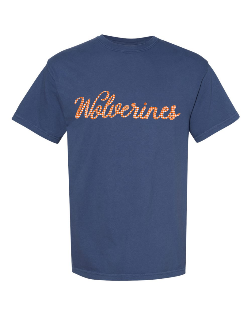 ORANGE GINGHAM WOLVERINES - CHINA BLUE TEE