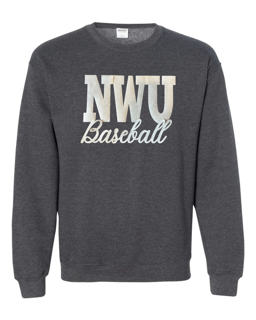 NWU BASEBALL (BEIGE POLKA DOT + GOLD METALLIC) - DARK HEATHER GILDAN CREWNECK