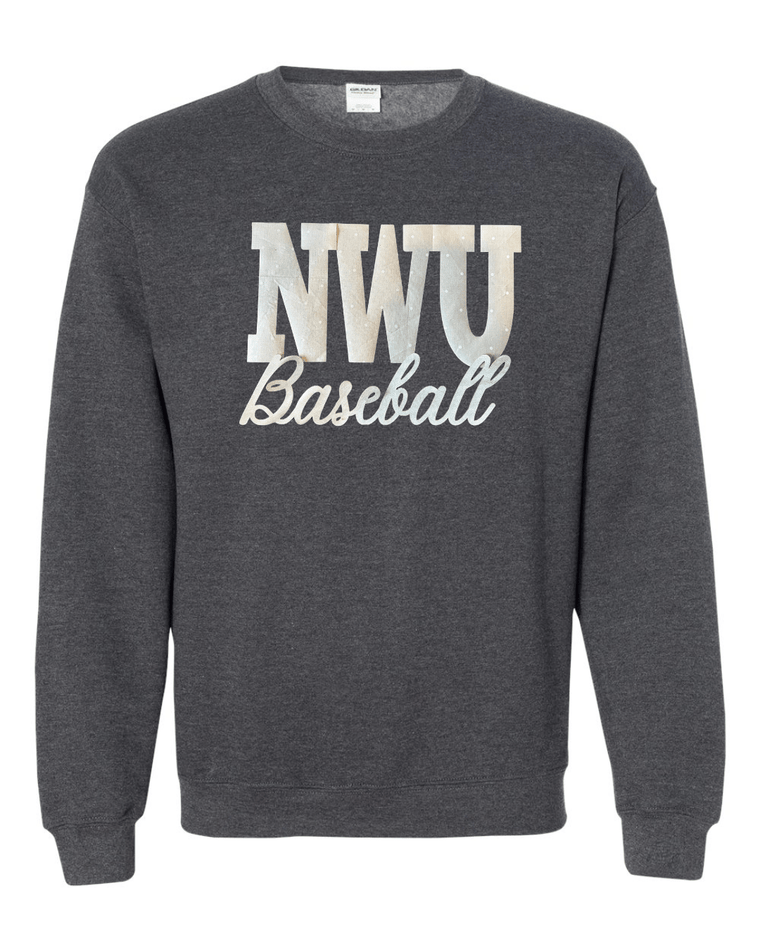 NWU BASEBALL (BEIGE POLKA DOT + GOLD METALLIC) - DARK HEATHER GILDAN CREWNECK