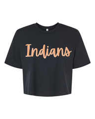 CURSIVE ORANGE/WHITE GINGHAM INDIANS  - BLACK CROP TEE