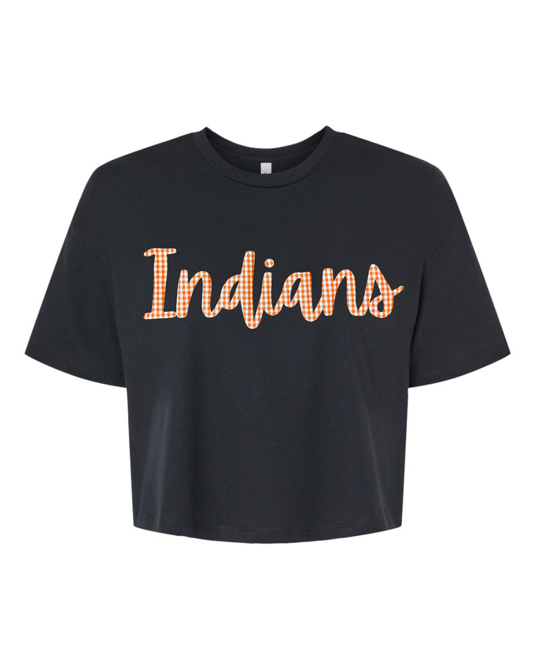 CURSIVE ORANGE/WHITE GINGHAM INDIANS  - BLACK CROP TEE
