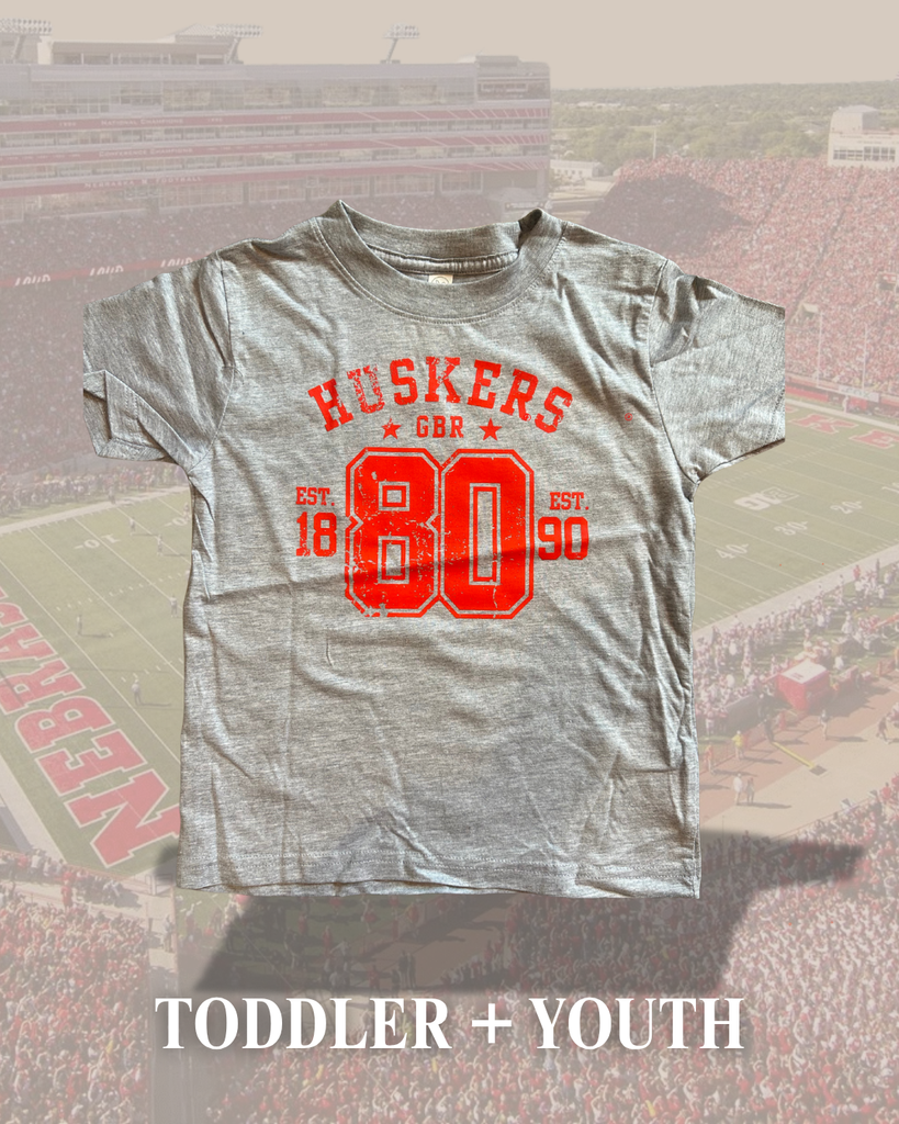 RED HUSKERS 80 TRANSFER DESIGN -  HEATHER GREY TEE (TODDLER + YOUTH)