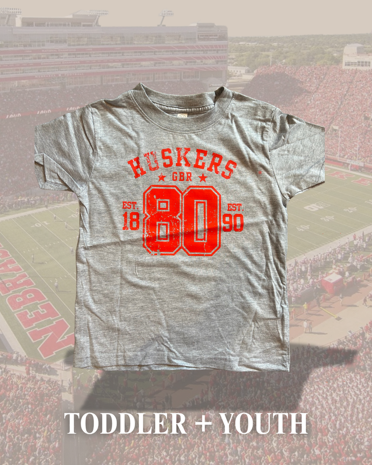 RED HUSKERS 80 TRANSFER DESIGN -  HEATHER GREY TEE (TODDLER + YOUTH)