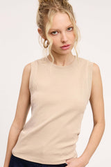 La Miel - HUT7340-Stretchy Basic Ribbed Sleeveless Crew Neck Top: Fire / L