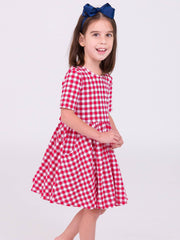 RuffleButts + RuggedButts - Girls Red Gingham Short Sleeve Knit Twirl Dress: Red / 2T