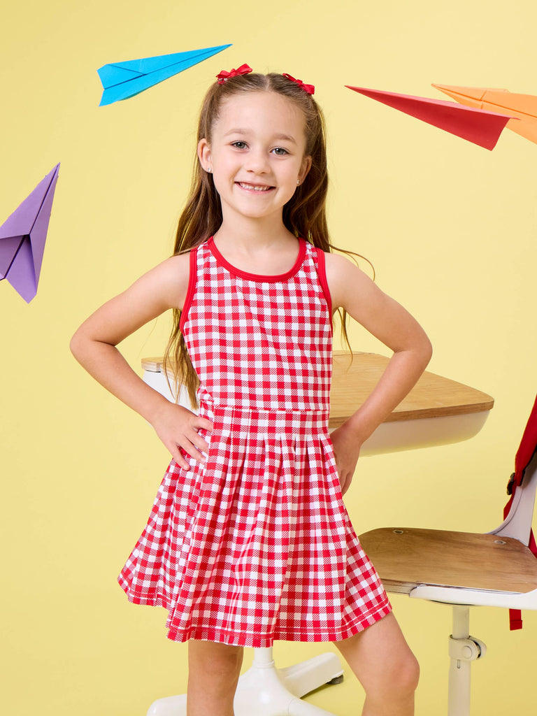 RuffleButts + RuggedButts - Girls Red Gingham Pleated Skirt Active Dress & Bike Short Set: Red / 2T