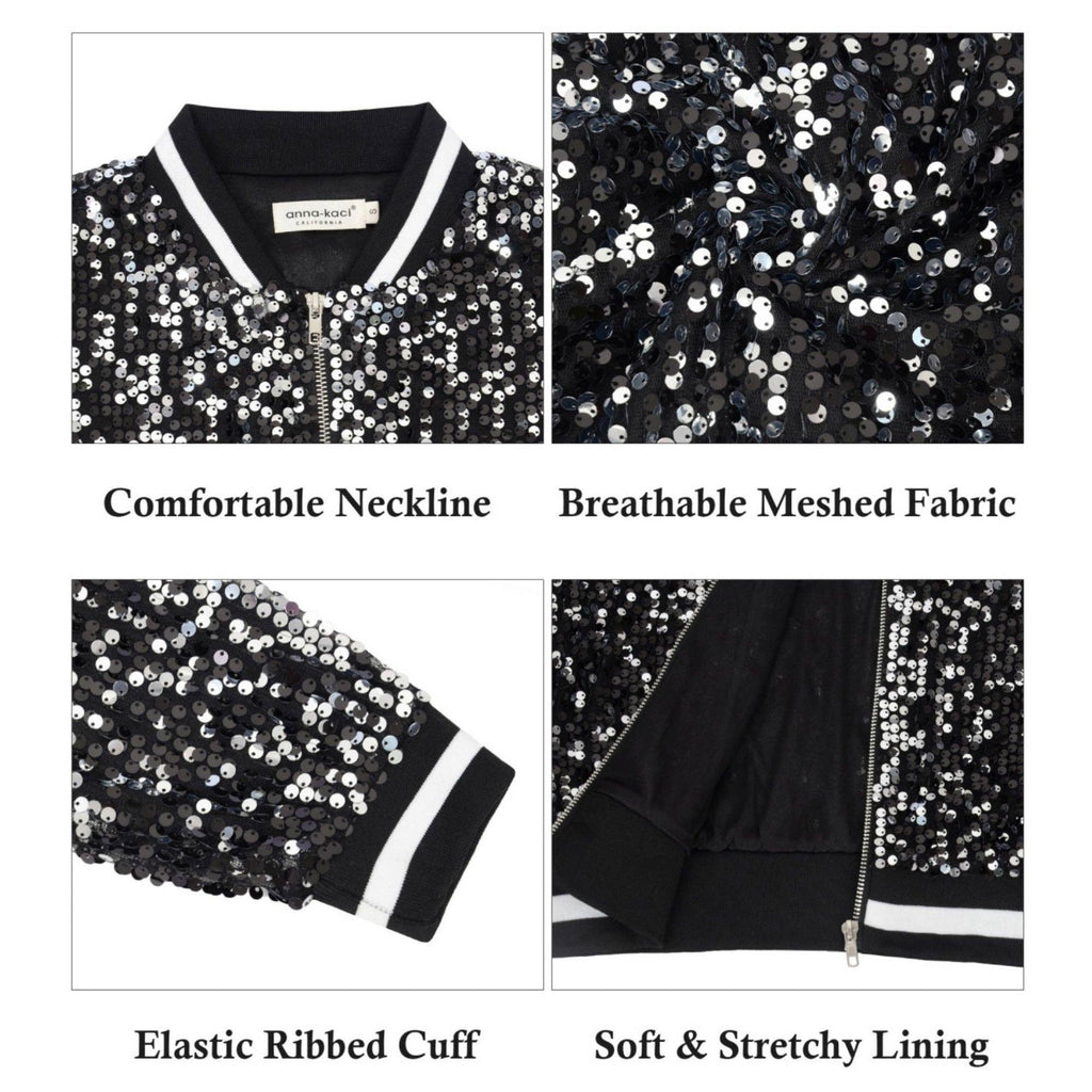 Anna Kaci Wholesale - Game Day Sequin Bomber Jacket with Ribbed Trim and Front Zip: Red / Small 4-6
