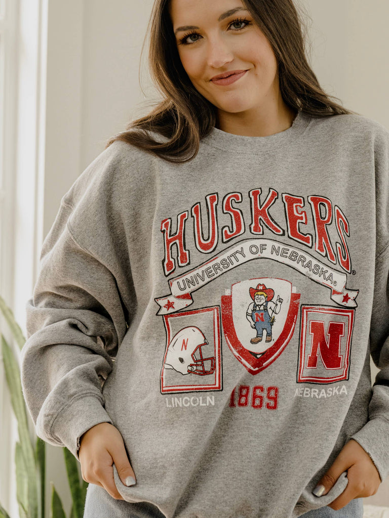 LivyLu - Nebraska Huskers Prep Patch Gray Thrifted Sweatshirt: 2XL