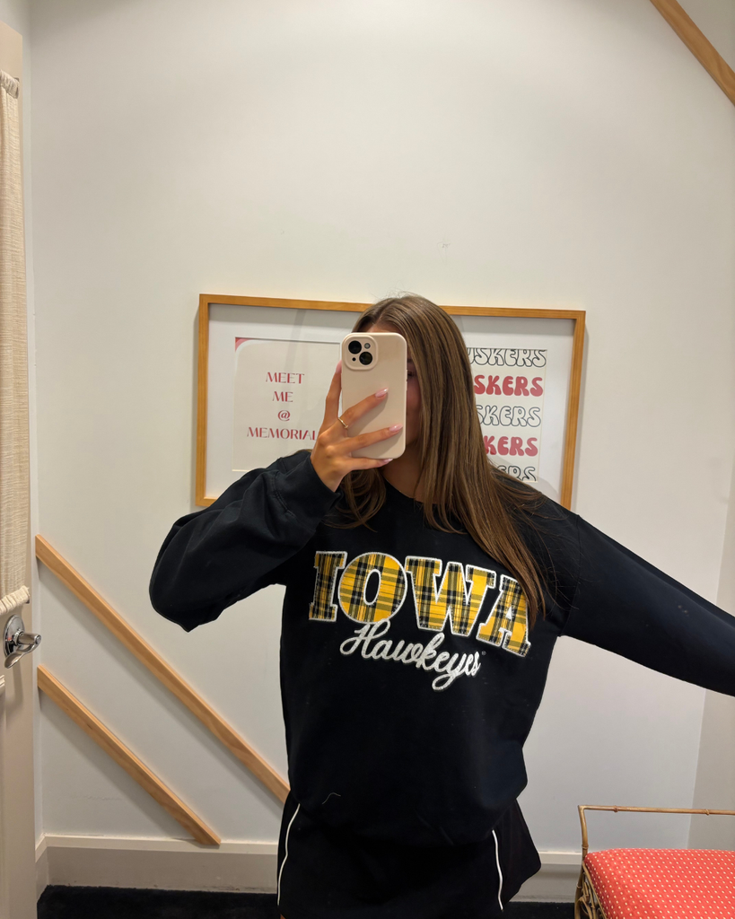 YELLOW PLAID/WHITE IOWA EMBROIDERED HAWKEYES - BLACK CREWNECK