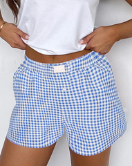 Lovesoft - Red Plaid Gingham Printed High Waist Shorts: Red Stripe / 100%Polyester / M