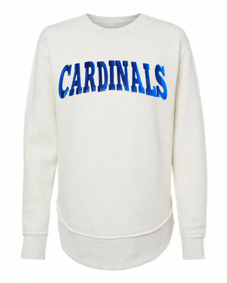 BLUE METALLIC CARDINALS - IVORY WOMENS FLEECE LONG CREW