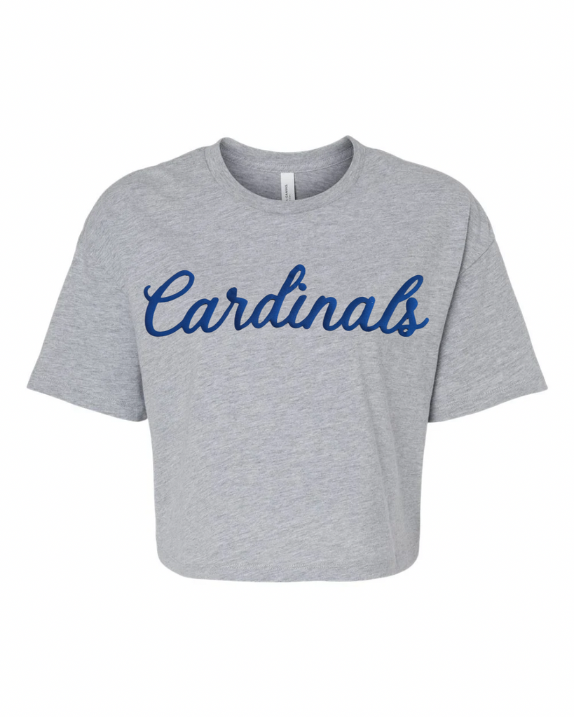 BLUE CURSIVE CARDINALS - GREY CROP TEE