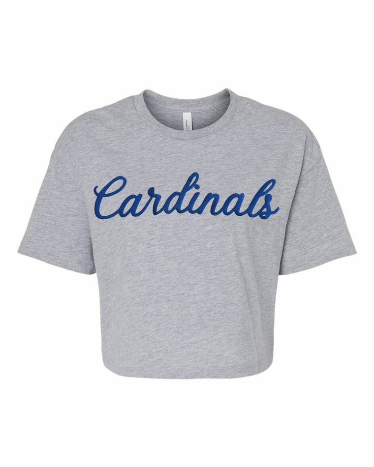 BLUE CURSIVE CARDINALS - GREY CROP TEE