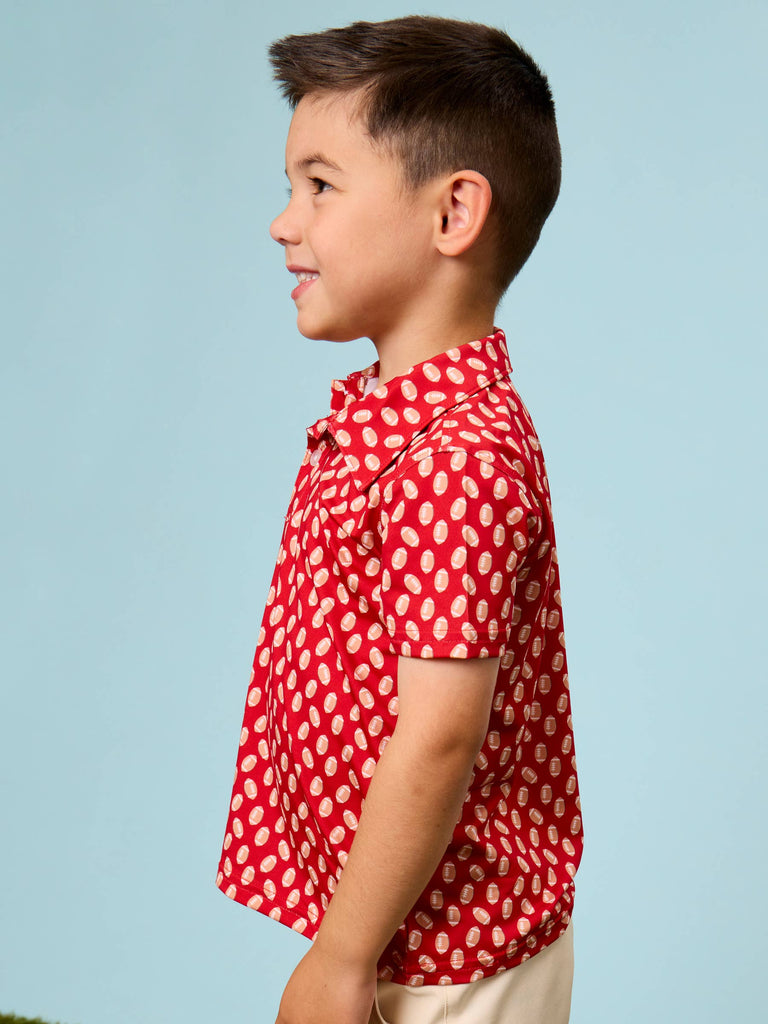 RuffleButts + RuggedButts - Boys Varsity Red Football Frenzy Knit Short Sleeve Performance Polo: Red / 2T