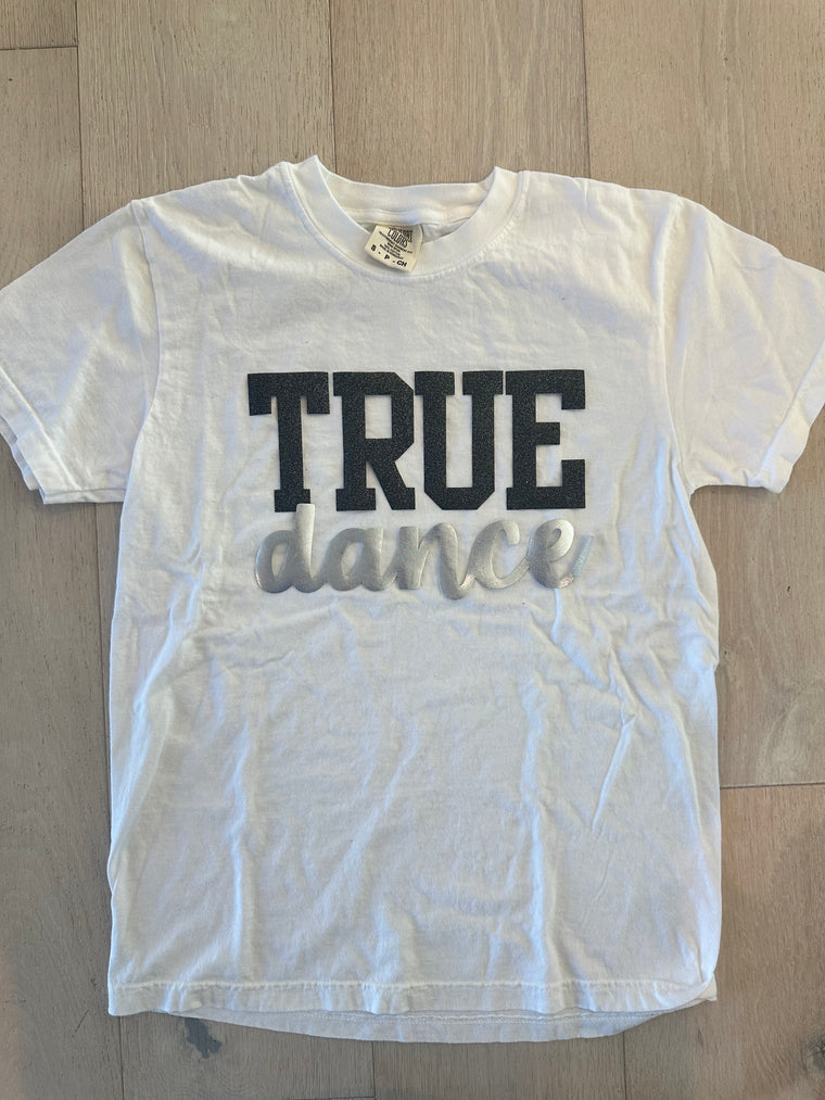 BLACK SPARKLE/SILVER METALLIC TRUE DANCE - WHITE COMFORT COLORS TEE - YOUTH + ADULT