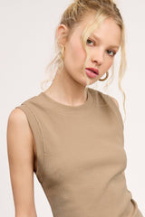 La Miel - HUT7340-Stretchy Basic Ribbed Sleeveless Crew Neck Top: Fire / S