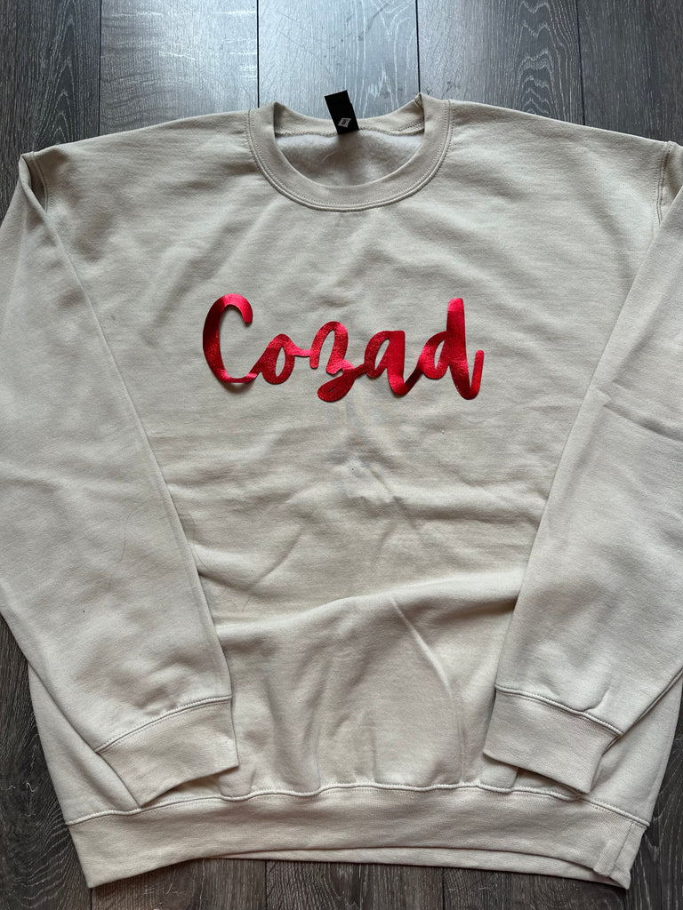 CURSIVE RED METALLIC COZAD - SAND GILDAN CREWNECK
