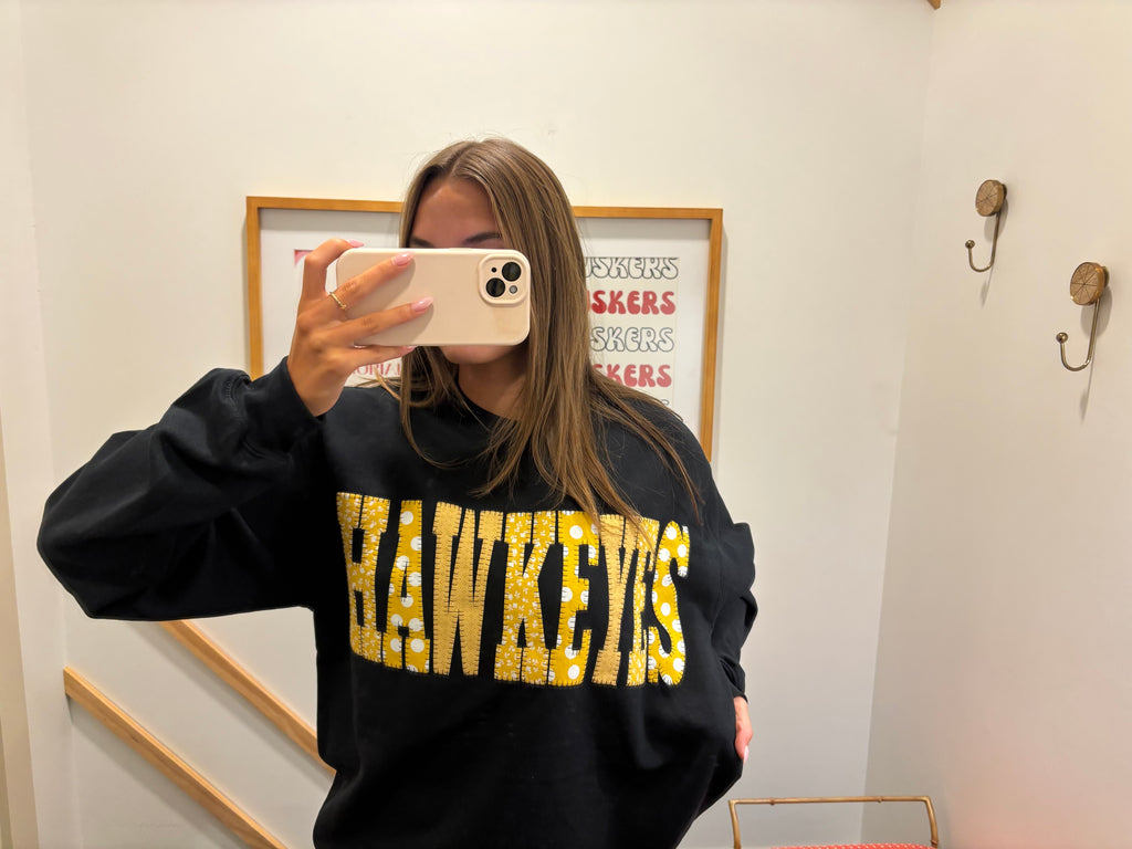 YELLOW PATCHWORK HAWKEYES - BLACK CREWNECK