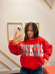 VARSITY PATCHWORK HUSKERS - RED CREWNECK