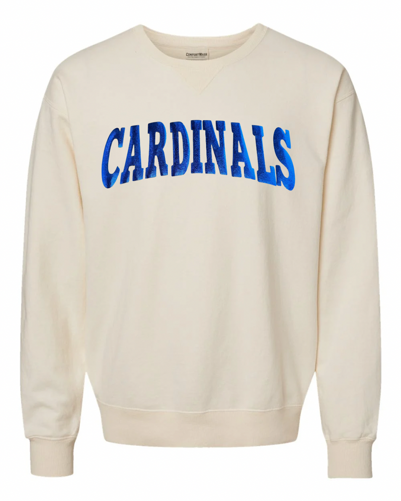 BLUE METALLIC CARDINALS - IVORY COMFORTWASH CREWNECK
