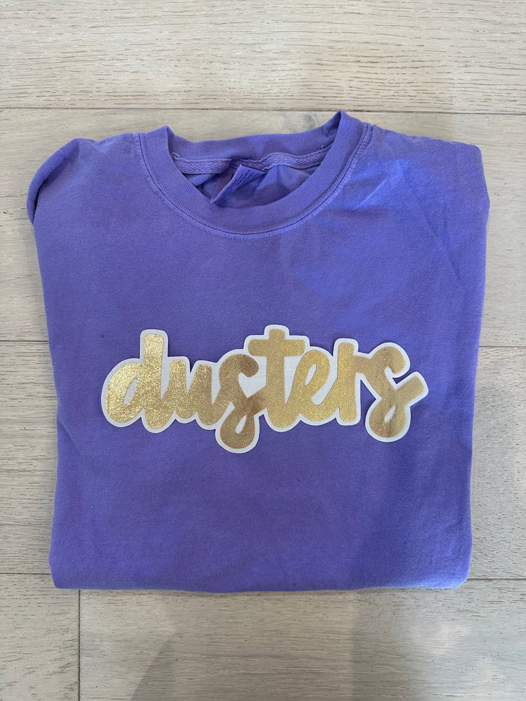 GOLD/WHITE DUSTERS - VIOLET COMFORT COLORS TEE - YOUTH + ADULT