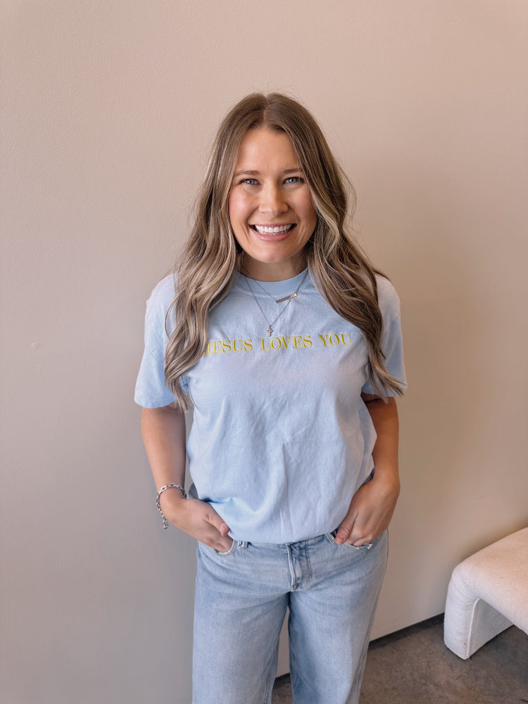 EMBROIDERED JESUS LOVES YOU - LIGHT BLUE COMFORT COLORS TEE