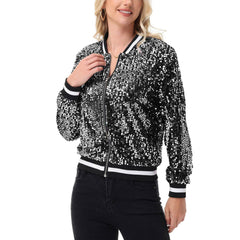 Anna Kaci Wholesale - Game Day Sequin Bomber Jacket with Ribbed Trim and Front Zip: Red / Small 4-6