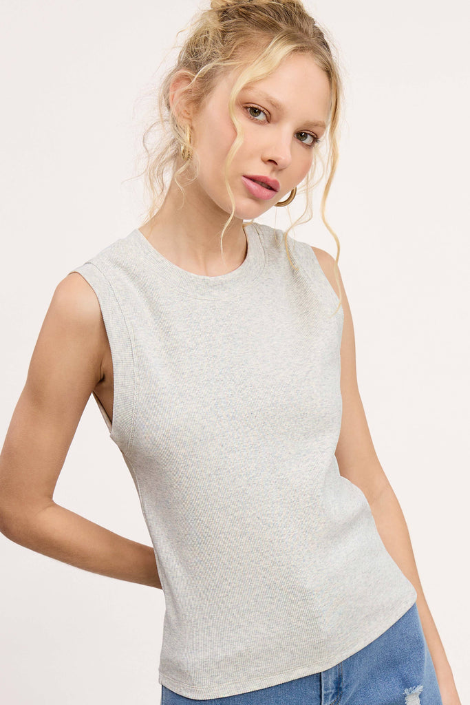 La Miel - HUT7340-Stretchy Basic Ribbed Sleeveless Crew Neck Top: Fire / L