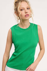 La Miel - HUT7340-Stretchy Basic Ribbed Sleeveless Crew Neck Top: Fire / S