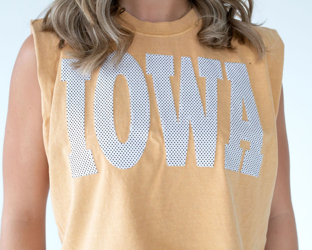 BLACK + WHITE POLKA DOT IOWA - MUSTARD MUSCLE TEE