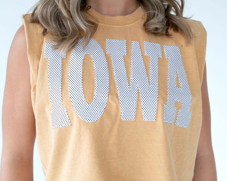 BLACK + WHITE POLKA DOT IOWA - MUSTARD MUSCLE TEE