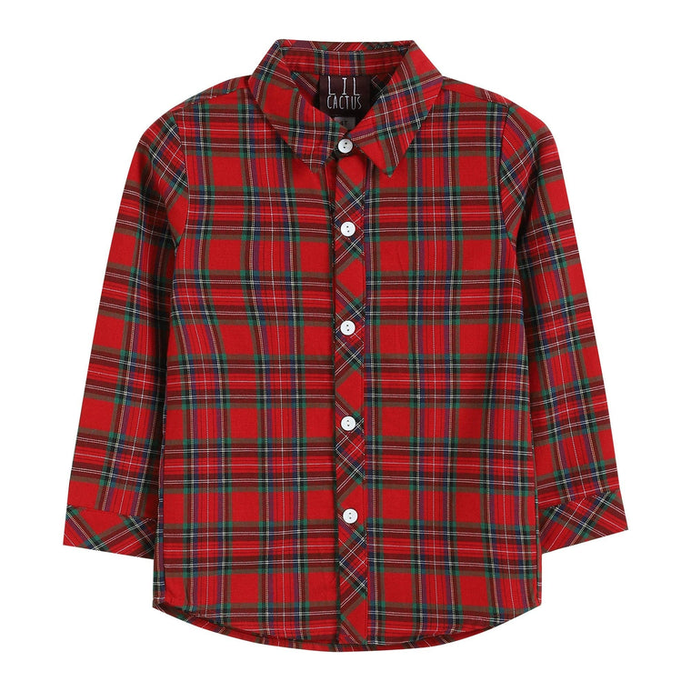 Lil Cactus - Red and Green Tartan Boy Dress Shirt: Red / 2T