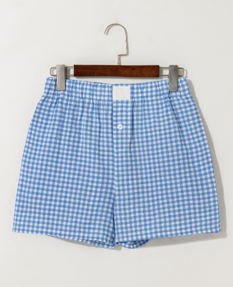 Lovesoft - Red Plaid Gingham Printed High Waist Shorts: Red Stripe / 100%Polyester / S