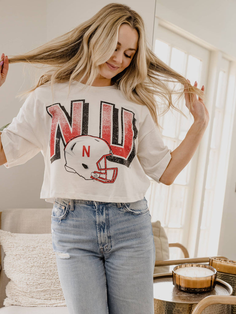 LivyLu - Nebraska Huskers Helmet Fade Off White Cropped Tee: S