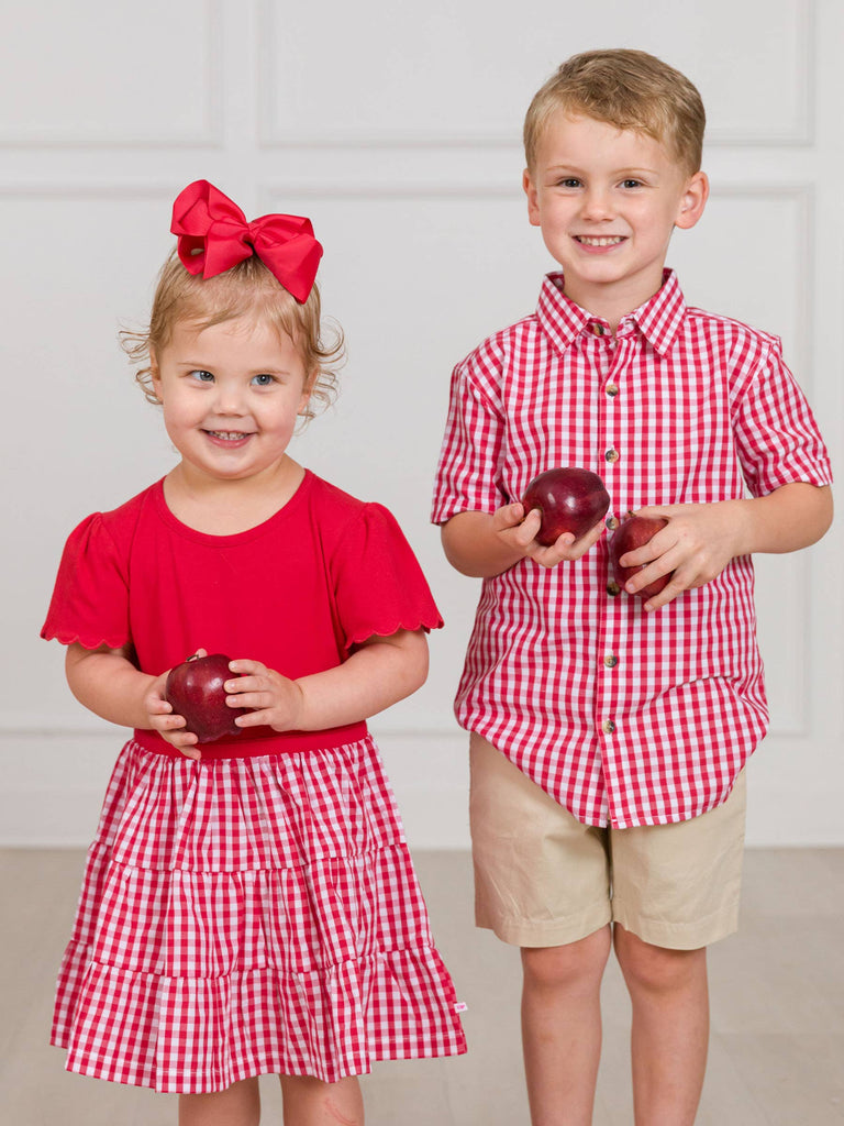 RuffleButts + RuggedButts - Boys Classic Red Gingham Short Sleeve Button Down Shirt: Red / 5