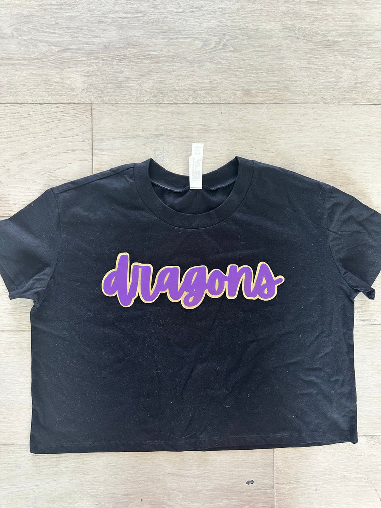 CURSIVE PURPLE/GOLD METALLIC DRAGONS  - BLACK CROP TEE
