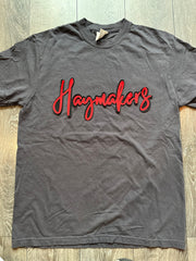 RED/BLACK CURSIVE HAYMAKERS - GREY COMFORT COLORS TEE (YOUTH + ADULT)