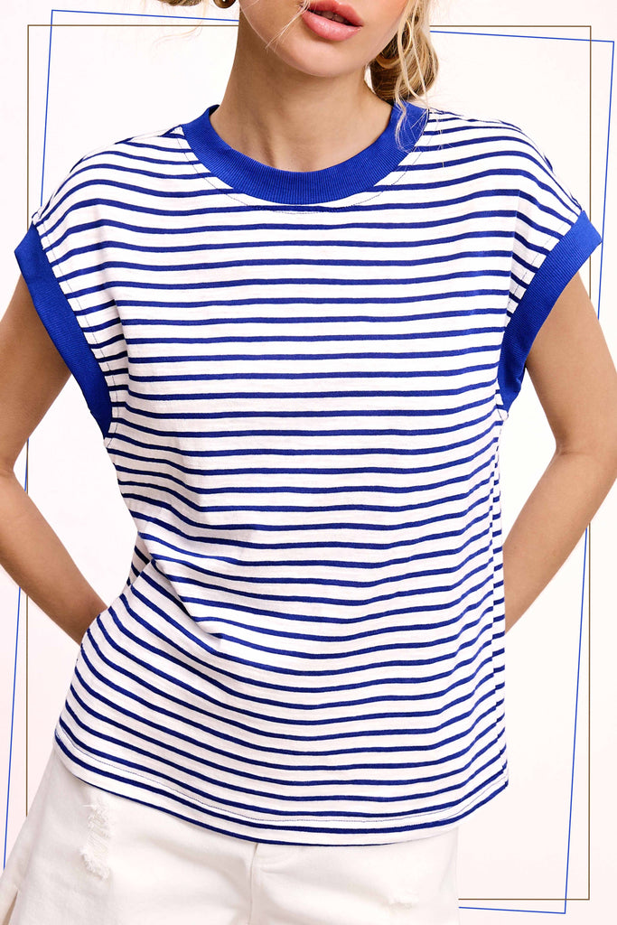 La Miel - JDT7710-Nautical Cap Sleeve Striped Top: Goji Berry / M