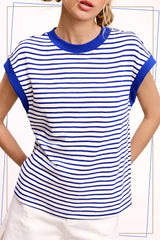 La Miel - JDT7710-Nautical Cap Sleeve Striped Top: Goji Berry / M